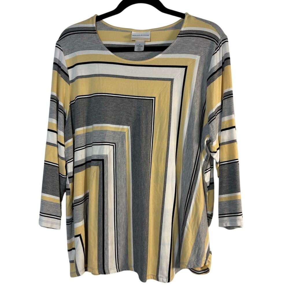 Alfred Dunner Geometric Tunic Yellow Grey Stripe Mod Art 3/4 Sleeve Blouse 1X